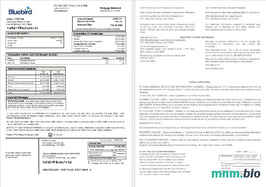 USA Bluebird Bank wyciąg z kredytu hipotecznego w formatach Word i PDF